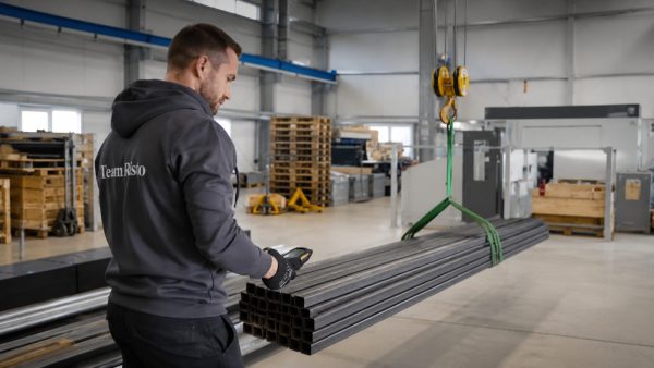 Mitarbeiter im Materiallager mit Stahlrohren für die Rohrlaserfertigung
