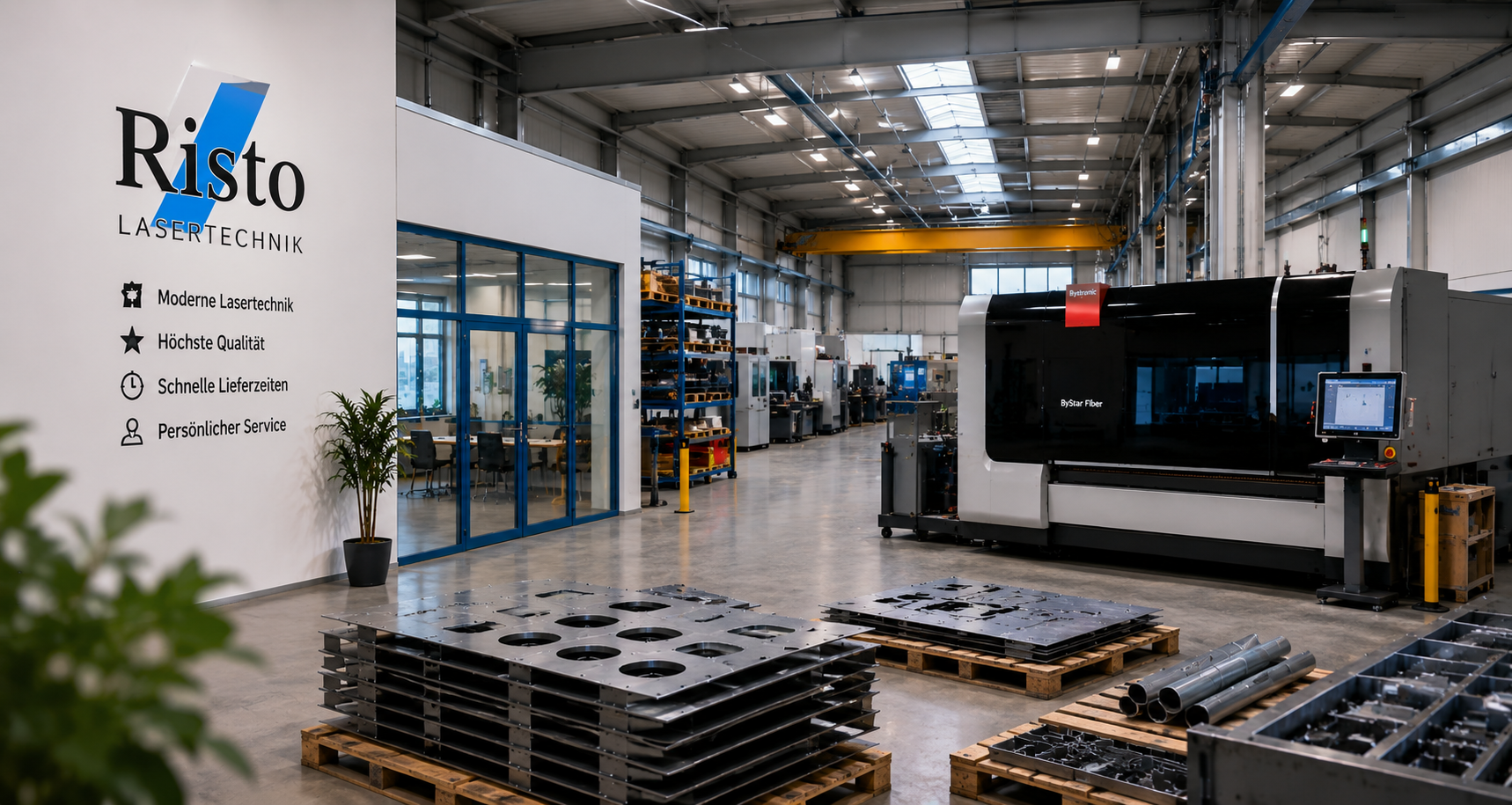 Moderne Fertigungshalle von Risto Lasertechnik mit Bystronic Laserschneidanlage und bearbeiteten Metallteilen.